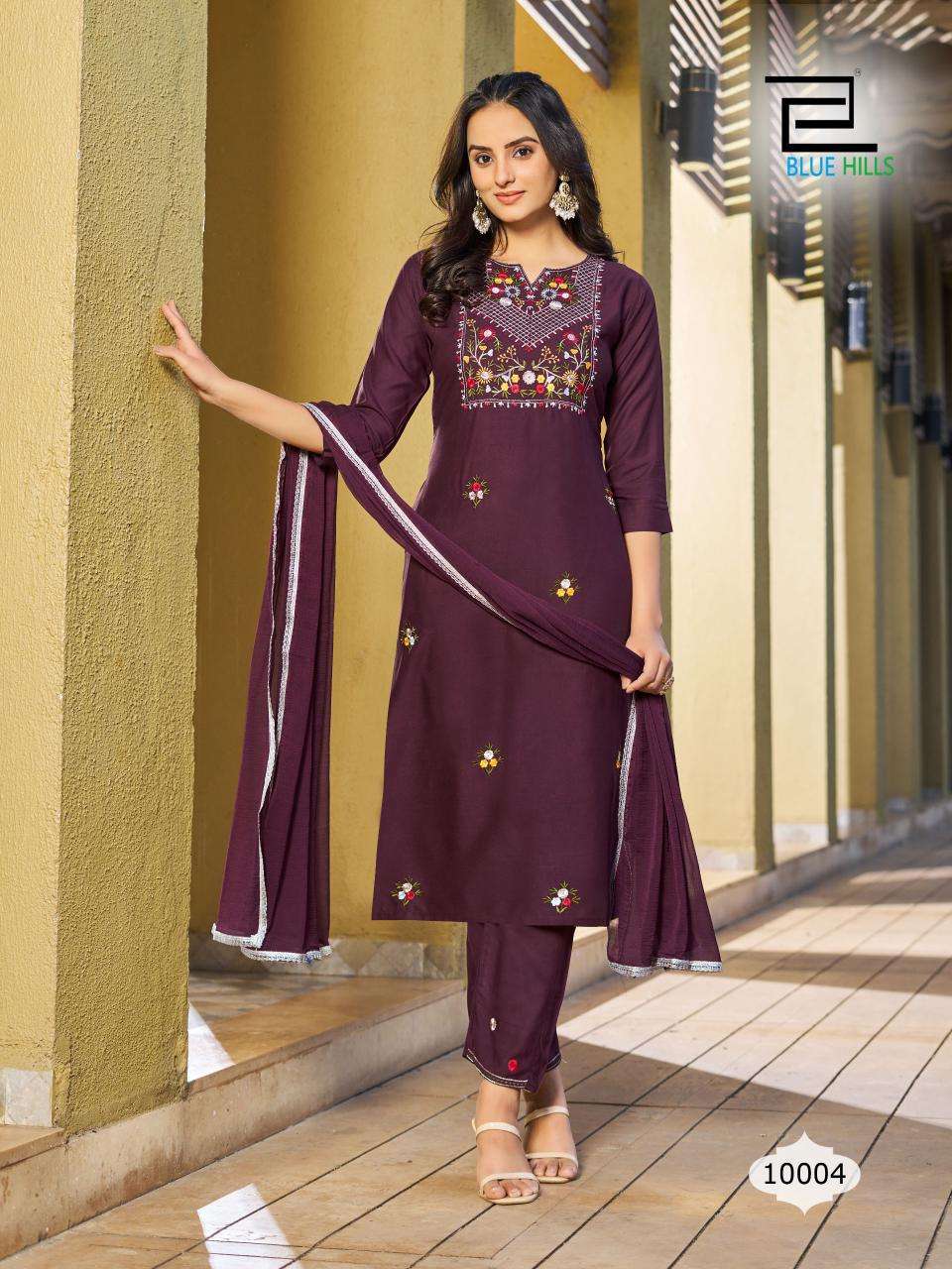 JANNAT RAYON 14 KG ZARI WITH MULTI COLOR THREAD WORK KURTI WITH PANT AND NAZMIN DUPATTA BY BLUE HILLS BRAND 1004 C